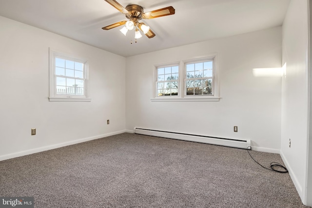 unfurnished room with ceiling fan, carpet floors, a healthy amount of sunlight, and a baseboard heating unit