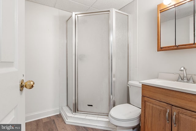 bathroom with vanity, toilet, wood-type flooring, and a shower with door