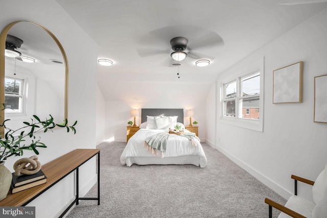 bedroom featuring carpet flooring, ceiling fan, and lofted ceiling