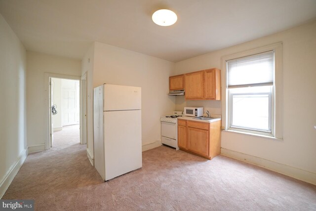 kitchen with light carpet and white appliances