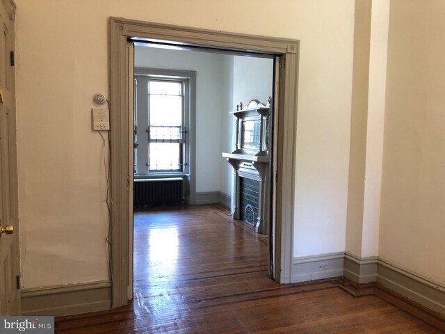 hallway with dark hardwood / wood-style flooring and radiator