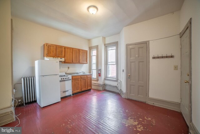 kitchen with radiator, sink, dark hardwood / wood-style floors, and white appliances