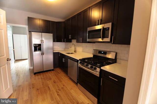 kitchen with backsplash, sink, stainless steel appliances, and light hardwood / wood-style flooring