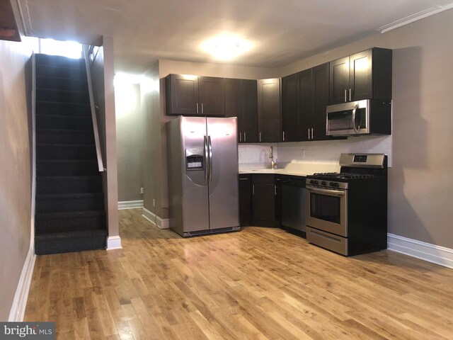 kitchen with backsplash, light wood-type flooring, and stainless steel appliances