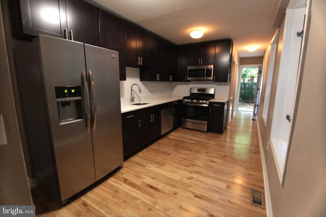 kitchen with backsplash, stainless steel appliances, light hardwood / wood-style floors, and sink