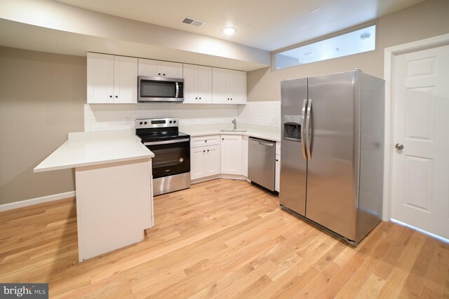 kitchen with white cabinets, decorative backsplash, light wood-type flooring, kitchen peninsula, and stainless steel appliances