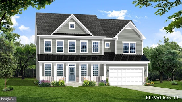 view of front of house with covered porch, a front yard, and a garage