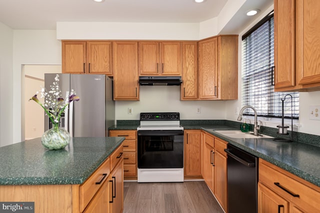 kitchen with sink, black dishwasher, dark hardwood / wood-style floors, stainless steel refrigerator with ice dispenser, and white range with electric cooktop