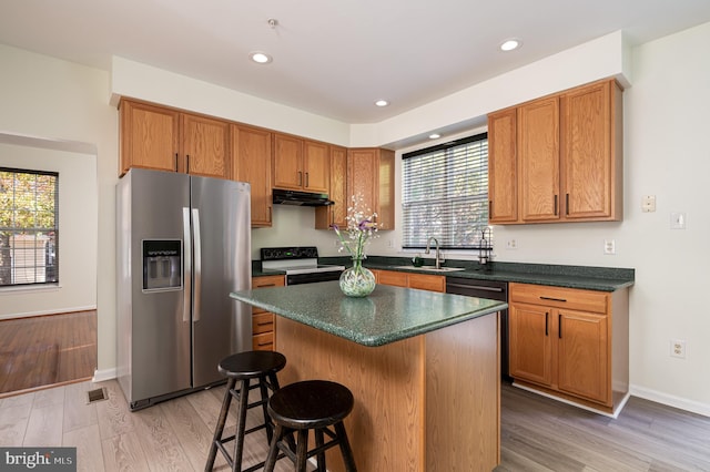 kitchen with a center island, a healthy amount of sunlight, appliances with stainless steel finishes, and light hardwood / wood-style flooring