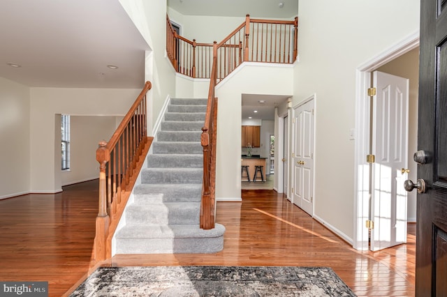 foyer entrance featuring wood-type flooring and a high ceiling