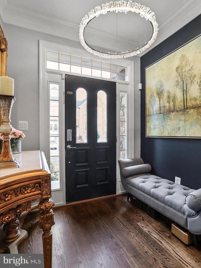 foyer with plenty of natural light, dark hardwood / wood-style floors, and ornamental molding