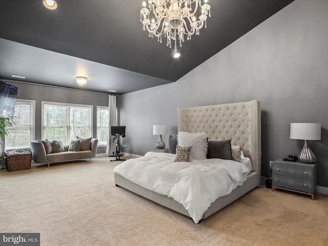 carpeted bedroom featuring vaulted ceiling and a chandelier