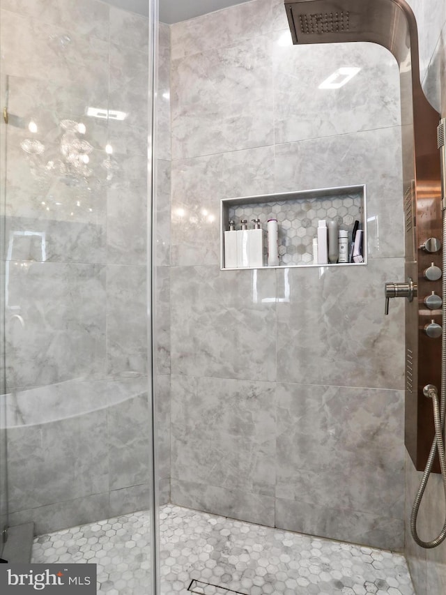 bathroom featuring a shower with shower door