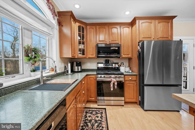 kitchen with light hardwood / wood-style floors, ornamental molding, sink, and appliances with stainless steel finishes