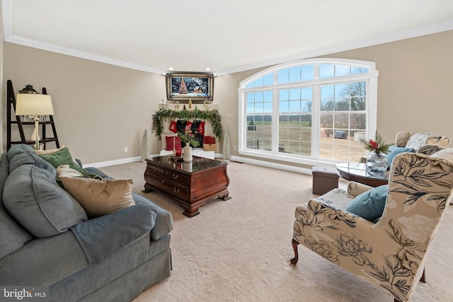 carpeted living room featuring ornamental molding