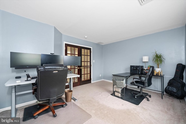 office space featuring carpet floors and french doors