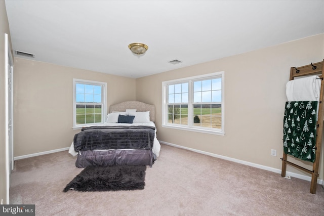 bedroom with light colored carpet and multiple windows