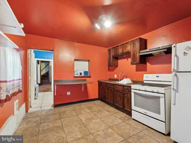 kitchen with dark brown cabinets, sink, white appliances, and ventilation hood