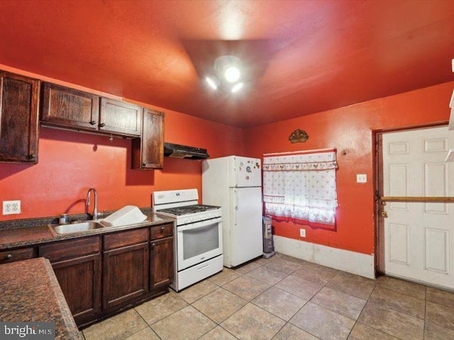 kitchen with white appliances, ventilation hood, dark brown cabinetry, and sink