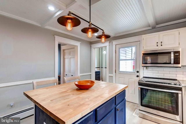 kitchen featuring white cabinetry, a baseboard radiator, stainless steel appliances, blue cabinets, and decorative light fixtures