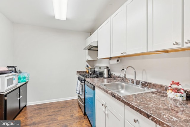 kitchen featuring sink, stainless steel appliances, dark hardwood / wood-style flooring, ventilation hood, and white cabinets