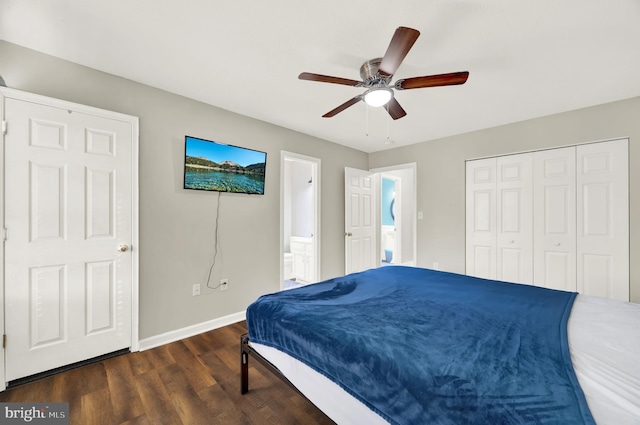 bedroom with a closet, ensuite bath, ceiling fan, and dark wood-type flooring