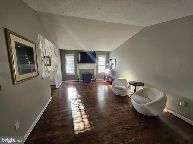 sitting room with a textured ceiling, dark hardwood / wood-style floors, and vaulted ceiling