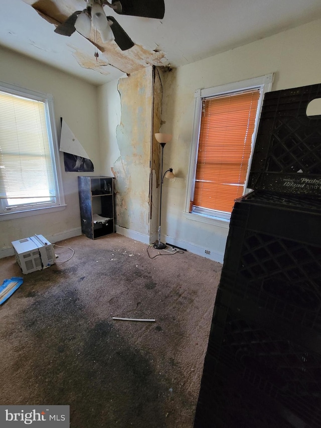 living room with ceiling fan and carpet