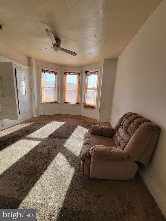 living area with carpet and ceiling fan