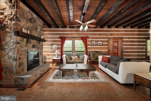 living area featuring wood ceiling, beamed ceiling, a ceiling fan, a fireplace, and wood walls