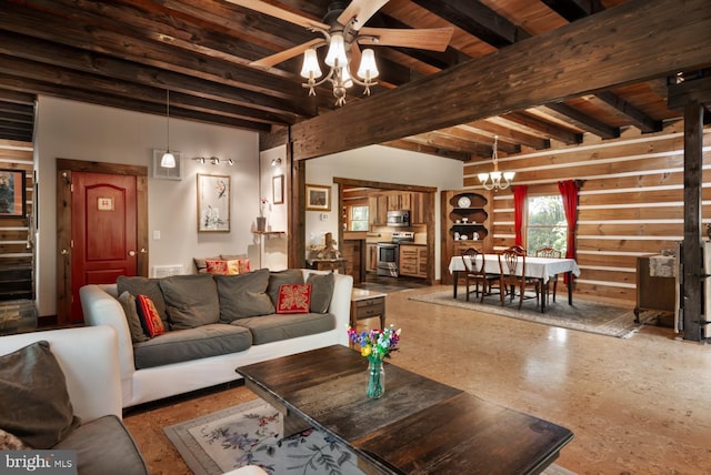 living area featuring a chandelier, beamed ceiling, ceiling fan, and wood ceiling