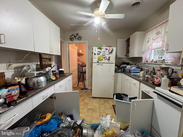 kitchen with white cabinets, ceiling fan, white appliances, and sink