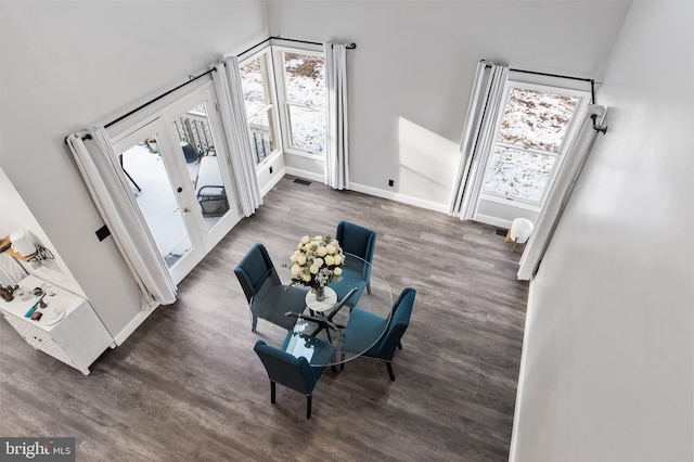 living room with dark wood-type flooring, french doors, and a wealth of natural light