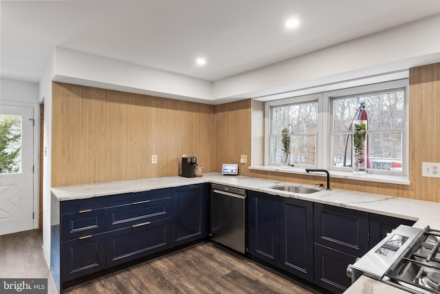 kitchen with sink, stainless steel appliances, dark hardwood / wood-style flooring, and light stone counters