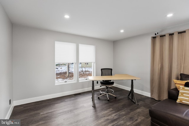 home office featuring dark hardwood / wood-style flooring