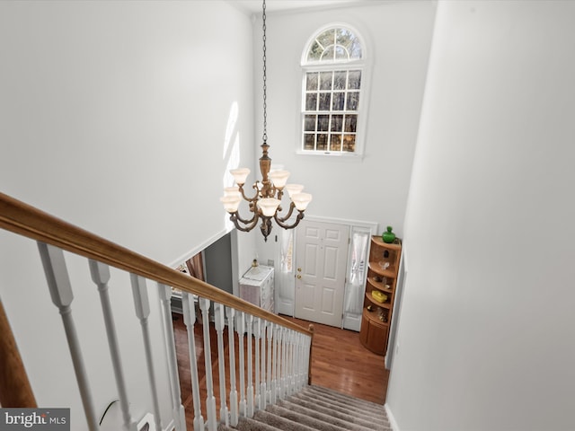 stairs featuring wood-type flooring and a chandelier