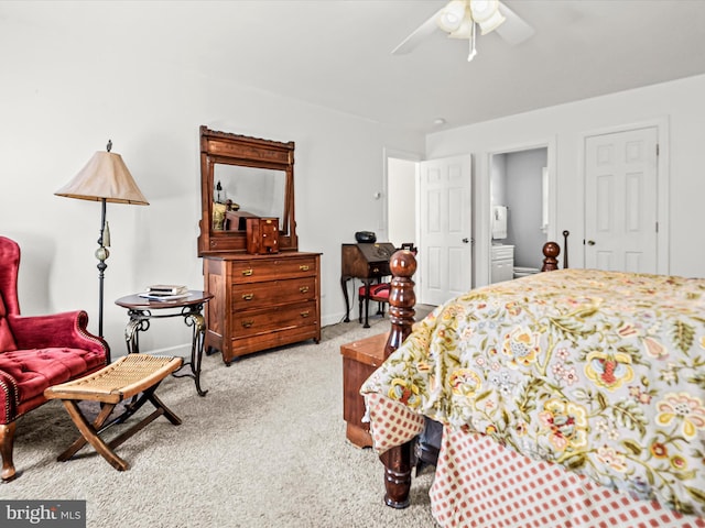 bedroom featuring ceiling fan and light colored carpet