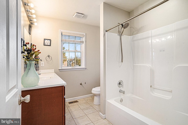 full bathroom with tile patterned floors, bathing tub / shower combination, vanity, and toilet