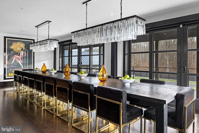 dining room with dark hardwood / wood-style flooring and bar