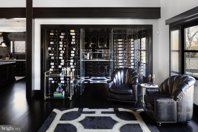 wine cellar with hardwood / wood-style floors and bar