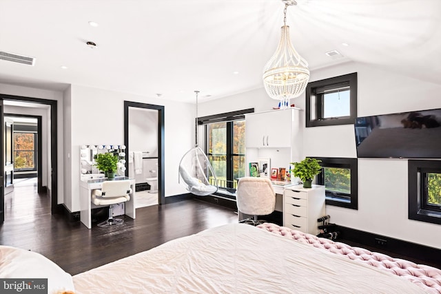 2169 Aquetong Rd, New Hope, PA 18938 - bedroom with dark wood finished floors, a chandelier, recessed lighting, and vaulted ceiling