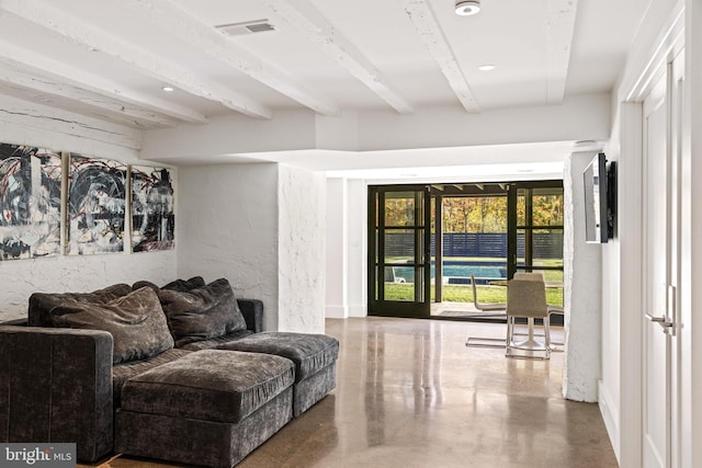 2169 Aquetong Rd, New Hope, PA 18938 - living room with beamed ceiling and concrete flooring