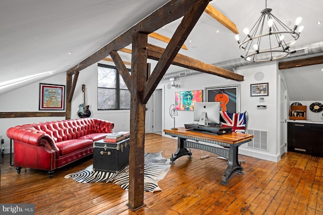 interior space featuring a chandelier, vaulted ceiling with beams, and dark wood-type flooring