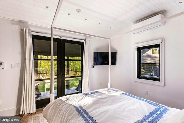 bedroom featuring a wall mounted AC, french doors, wooden ceiling, and hardwood / wood-style flooring