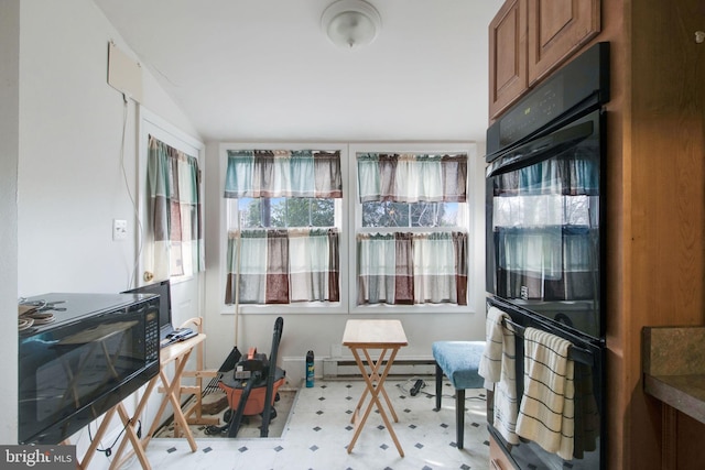 interior space featuring lofted ceiling and a baseboard heating unit