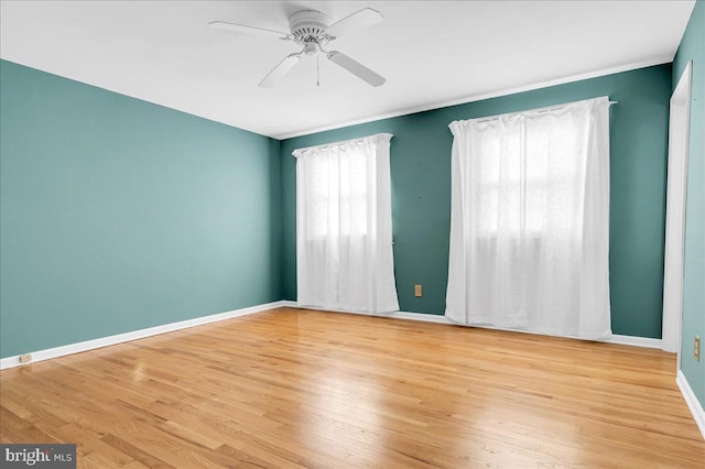 empty room featuring ceiling fan and light hardwood / wood-style floors