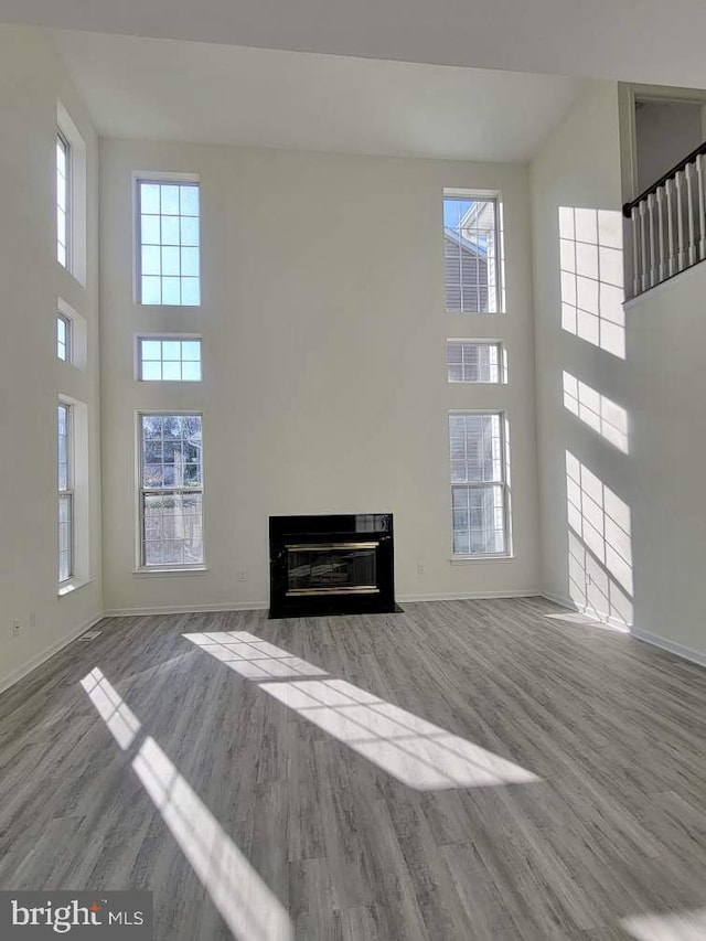 unfurnished living room with wood-type flooring and a high ceiling