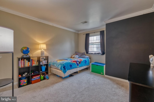 carpeted bedroom featuring ornamental molding