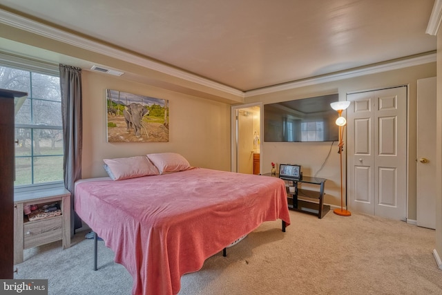 carpeted bedroom with crown molding and connected bathroom