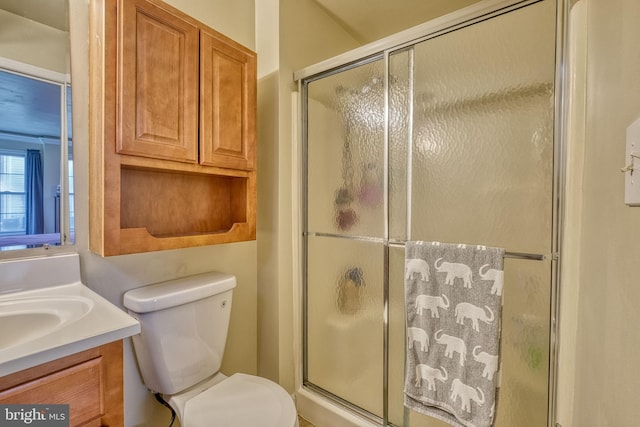 bathroom featuring vanity, toilet, and a shower with door